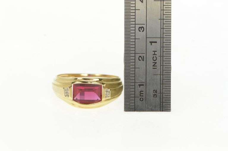 10K Yellow Gold Faceted Syn. Ruby Diamond Accent Men's Ring