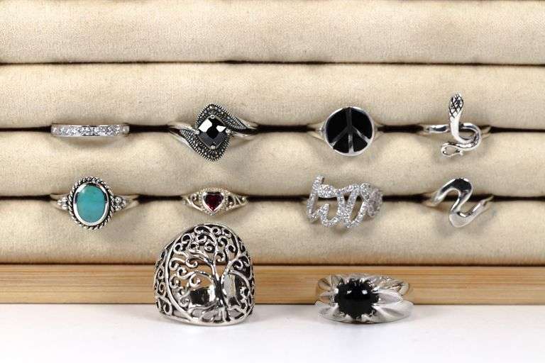 Sterling Silver Curated Ring Assortment Various Sizes & Styles (10 Ring Lot)