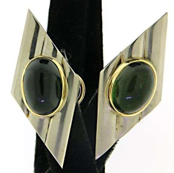 Sterling Silver and Gold Green Tourmaline Cab Earrings