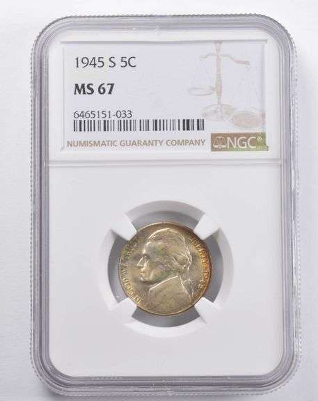 MS67 1945-S Jefferson Nickel NGC RAINBOW TONED