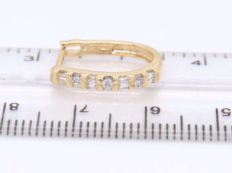 Sparkling Yellow Gold Bagguette and Round Brilliant Cut Diamond Huggie Earrings
