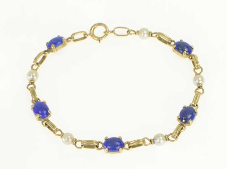14K Yellow Gold 1960's Lapis Lazuli Pearl Vintage Chain Bracelet
