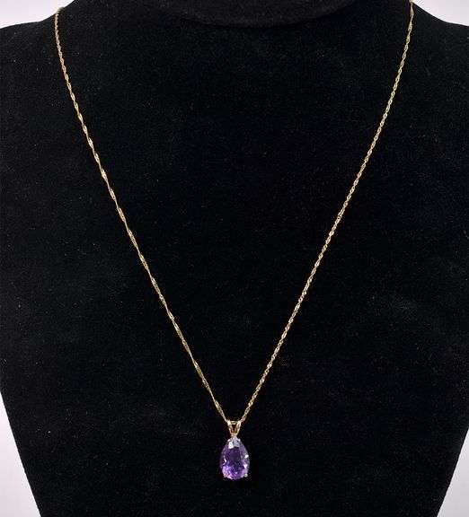 Amazing Purple Amethyst Pendant Necklace In 14K Yellow Gold