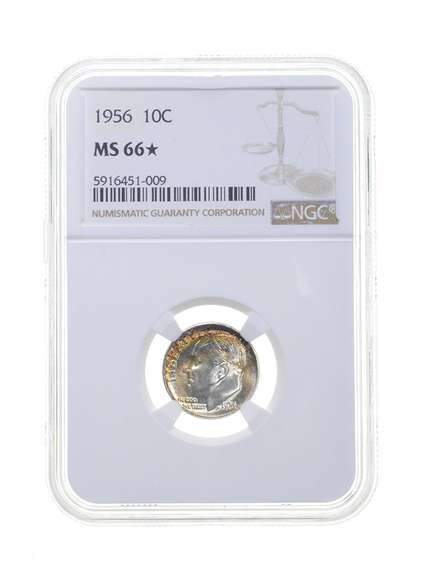 MS66* 1956 Roosevelt Dime - Graded NGC Rainbow Toned