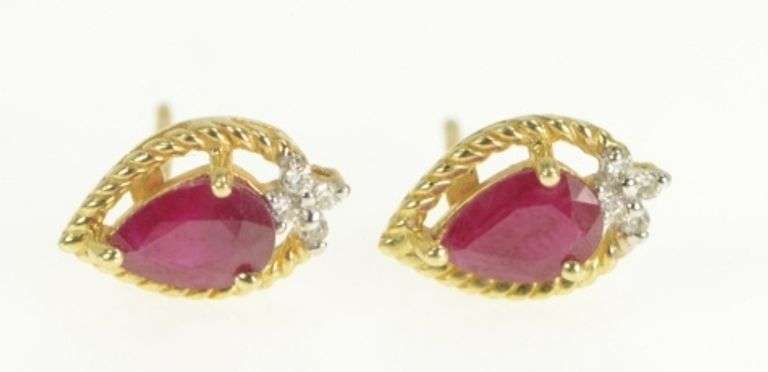 14K Yellow Gold Pear Natural Ruby Diamond Cluster Stud Earrings