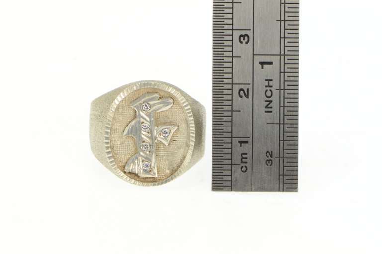 Sterling Silver Oval Ornate F Monogram CZ Initial Signet Ring