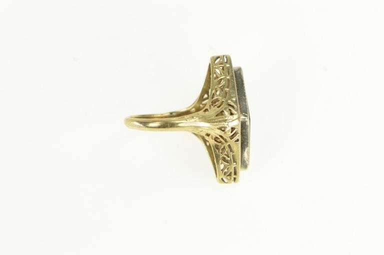 10K Yellow Gold Art Deco Black Onyx Filigree Elaborate Ring