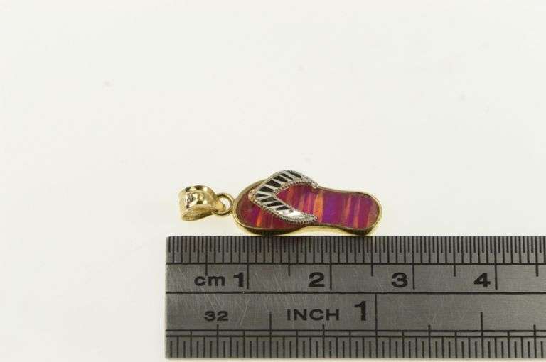 14K Yellow Gold Pink Sim. Opal Inlay Two Tone Flip Flop Charm/Pendant