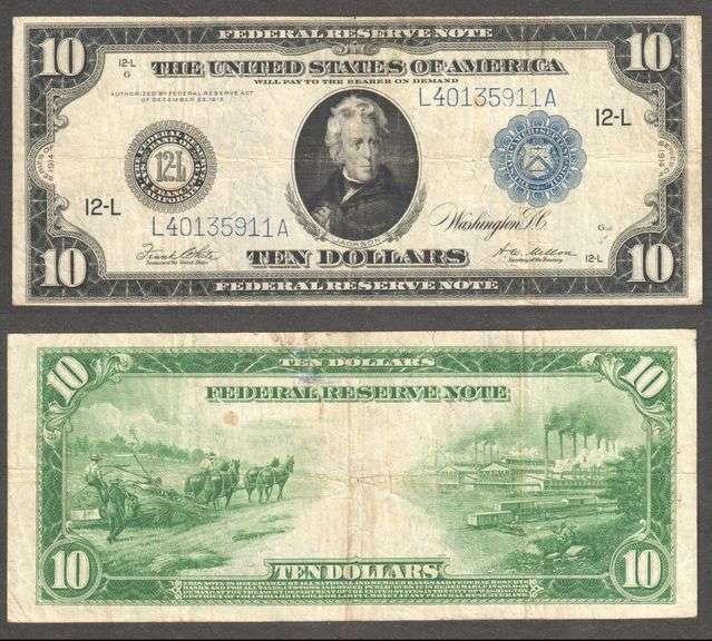 $10 1914 Fr.951c FRN Blue Seal and Serial numbers from the San Fran District VF