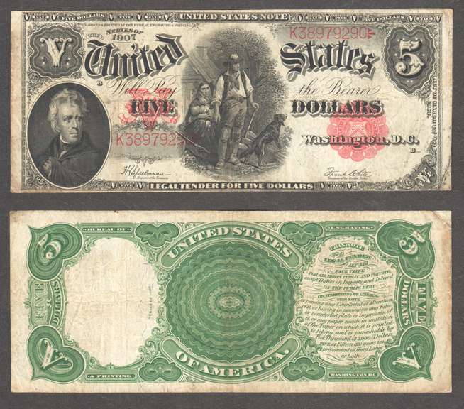 $5 1907 Popular Family Woodchopper United States Note= Very Fine