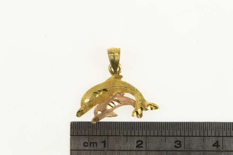 14K Yellow Gold Two Tone Diamond Cut Dolphin Ocean Motif Charm/Pendant