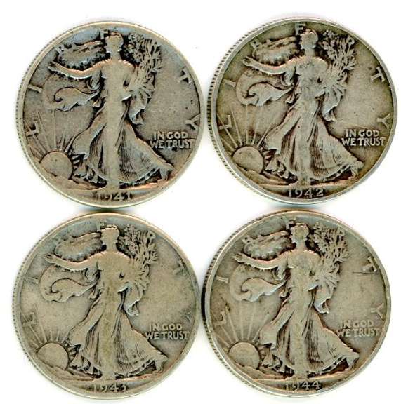Four Different Walking Liberty Silver Half Dollars: 1941-1944