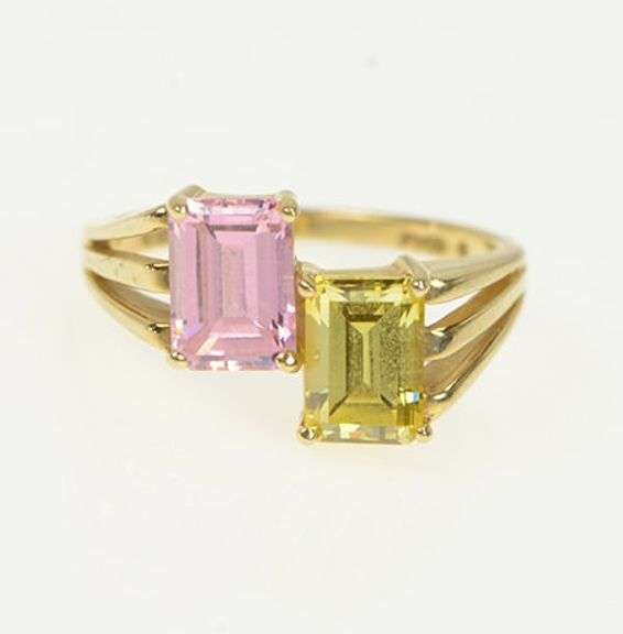 14K Yellow Gold Emerald Cut Pink & Yellow CZ Bypass Ring