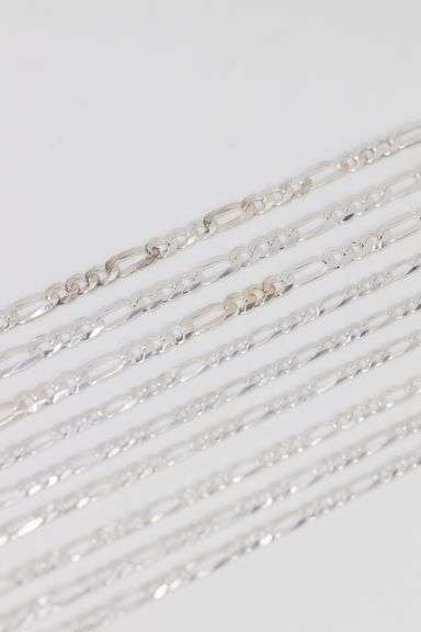 Sterling Silver - Italy Stamped - Super Flat Diamond-Cut Figaro Lot - 9 Chains - 5.4mm to 7.9mm Wide - 26 to 30 Inch