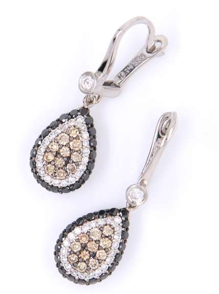 Dazzling White Gold Black, Brown and White Diamond Dangle Earrings