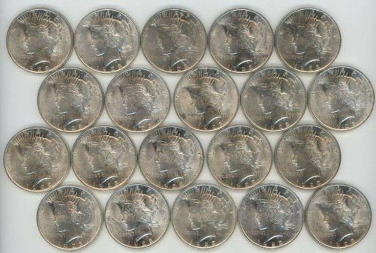 Choice BU Roll of twenty (20) 1923 Peace Silver Dollars. Fresh