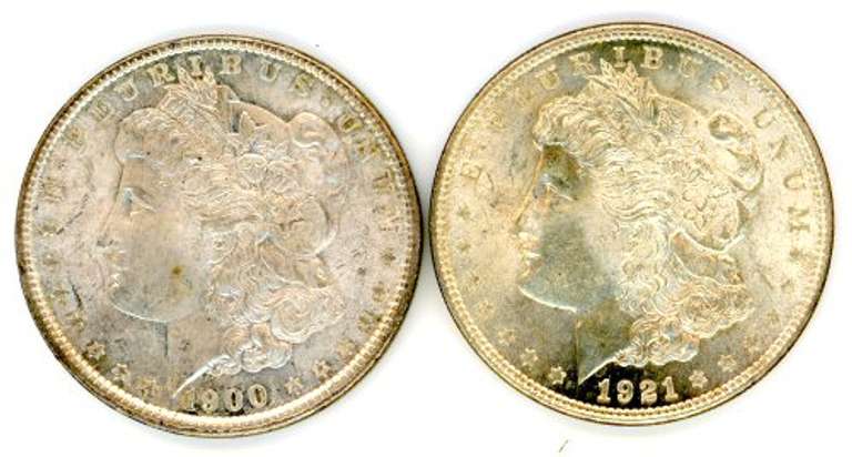 Two Different Morgan Silver Dollars: 1900 & 1921