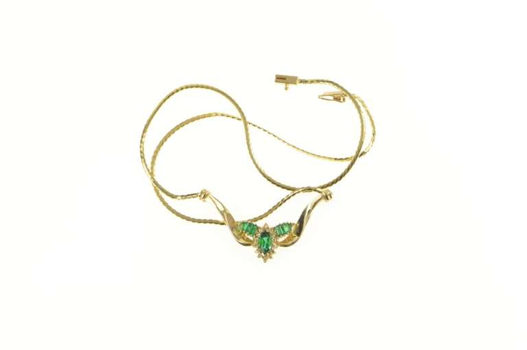 14K Yellow Gold Marquise Syn. Emerald Diamond Halo Chevron Necklace