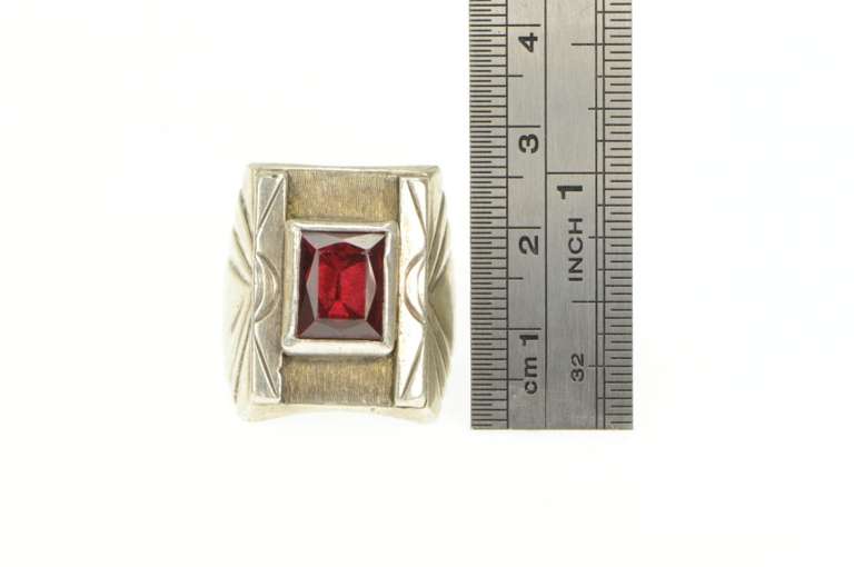 Sterling Silver Garnet Squared Southwestern Stamped OA Ring