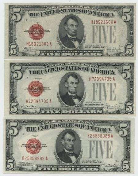 3 Crisp Near CU 1928 Series Small Size $5 Red Seal Notes