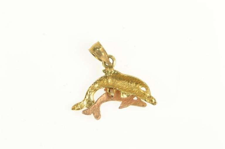 14K Yellow Gold Two Tone Diamond Cut Dolphin Ocean Motif Charm/Pendant
