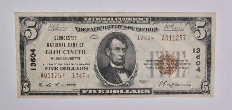1929 $5 Gloucester, MA United States National Currency Note 13604