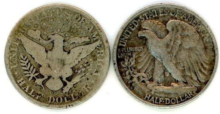 Two Different Silver Half Dollars: 1908-O Barber & 1942-D Walking Liberty