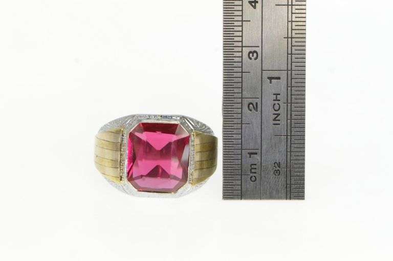 10K White Gold 1930's Two Tone Syn. Ruby Ornate Men's Ring