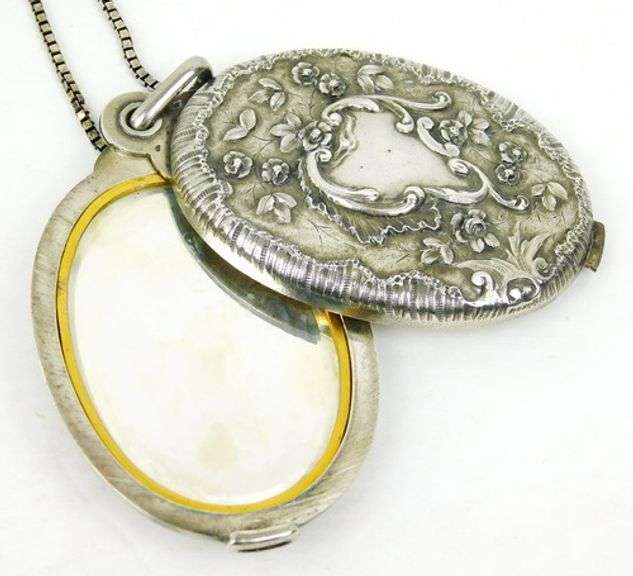 Antique French Sterling Sliding Mirror Pendant & Chain