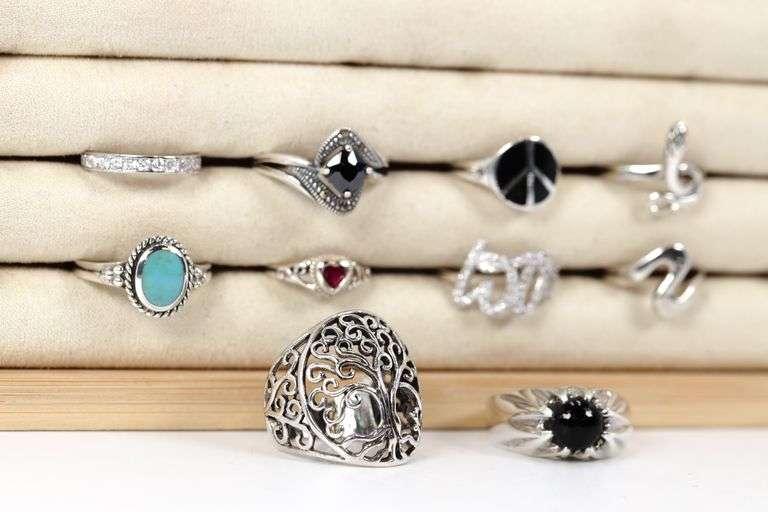 Sterling Silver Curated Ring Assortment Various Sizes & Styles (10 Ring Lot)