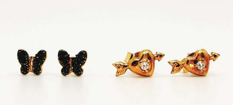2 Earring Sets 18k Yellow Gold- Diamond Heart with Arrow and Dark Blue Tanzanite Butterflies