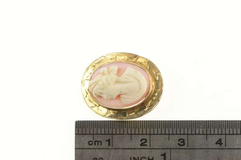 14K Yellow Gold Vintage Carved Coral Cameo Ornate Pin/Brooch