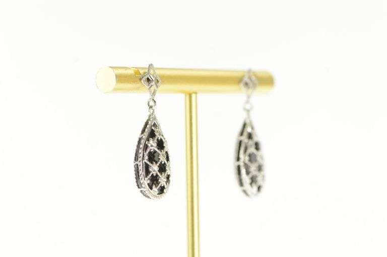 14K White Gold Pear Tear Drop Black Onyx Dangle Statement Earrings