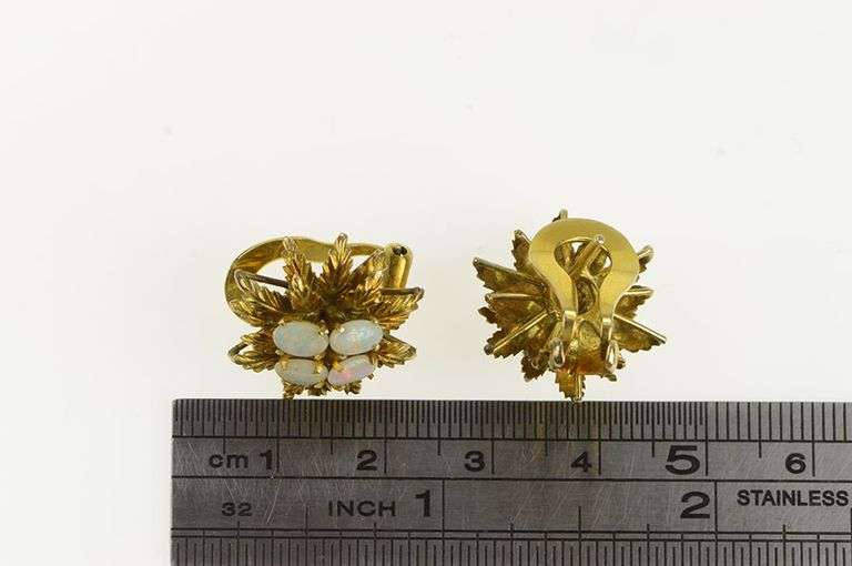 14K Yellow Gold 1960's Ornate Opal Leaf Cluster French Clip Earrings