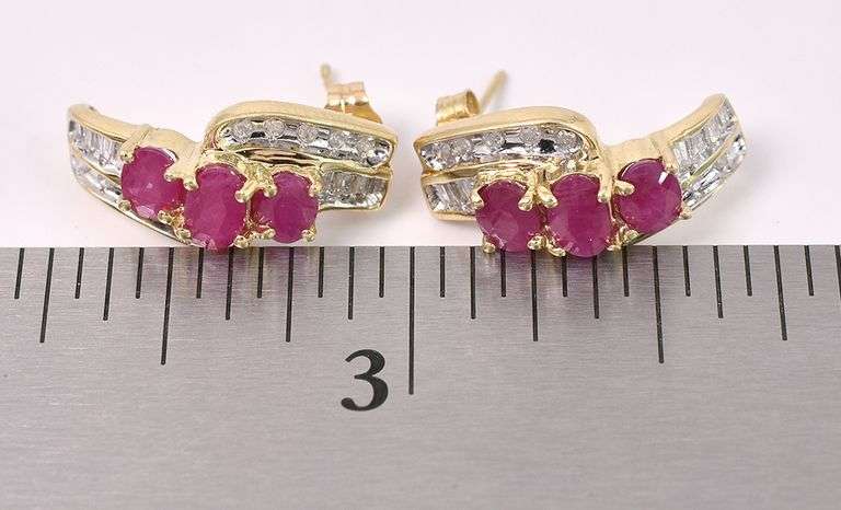Gorgeous Ruby And Diamond J-Hoop Earring In 14K Yellow Gold