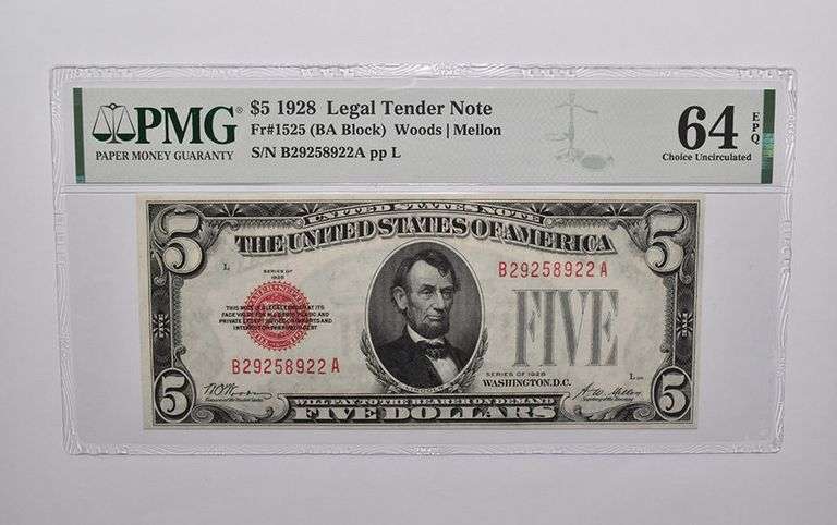 PMG 64 EPQ $5 1928 US Legal Tender Note FR#1525 (BA Block) Red Seal