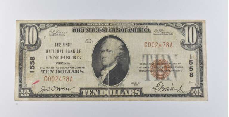 1929 $10 Lynchburg, VA US National Currency Note 1558