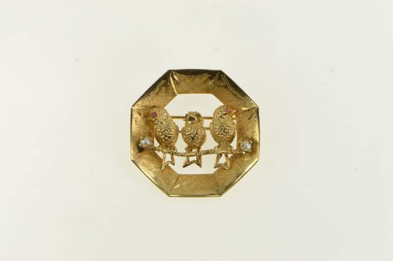 14K Yellow Gold Three Little Birds Retro Pearl Vintage Pin/Brooch