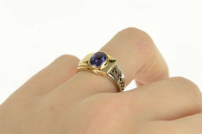14K White Gold Modernist Oval Two Tone Geometric Sim. Iolite Ring