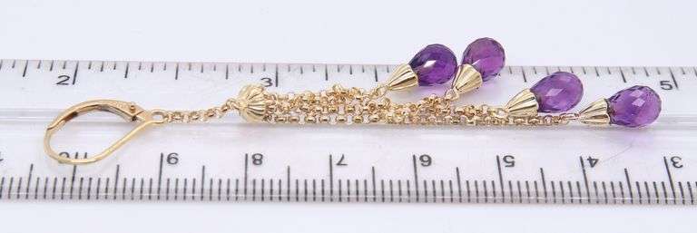 Wonderful Yellow Gold Amethyst Dangle Earrings