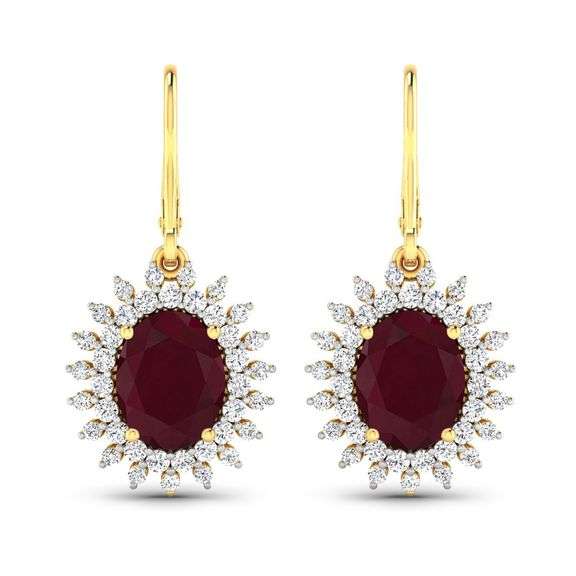 14 K Solid Yellow Gold Huge 4.6 Ct Ruby & Diamond Earrings