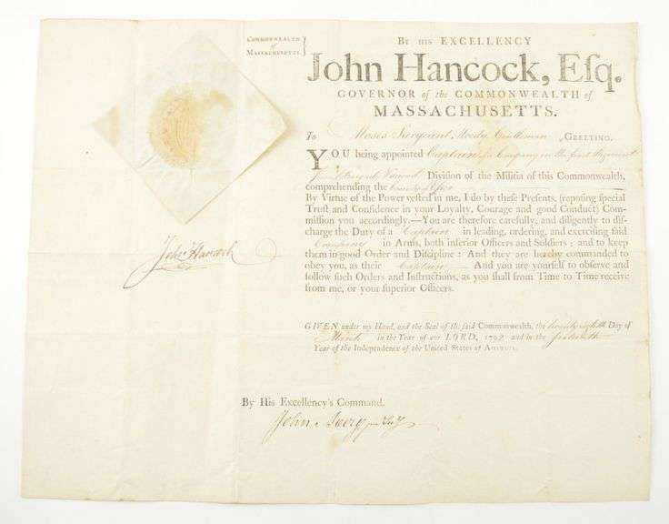 1792 John Hancock Signed Military Appointment Moses Sergeant Moody LOA