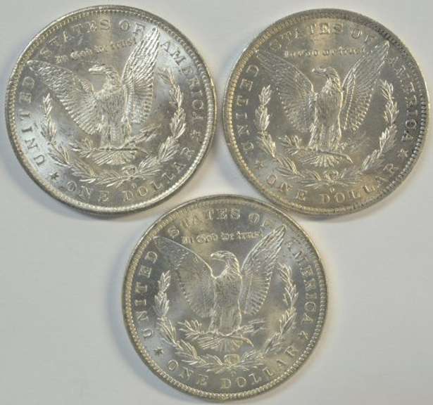 3 Diff. bright-white lustrous BU 'P' Mint Morgan Silver Dollars