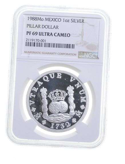 PF69 UCAM 1988 Mexico 1 Oz. Silver Pillar Dollar - Graded NGC