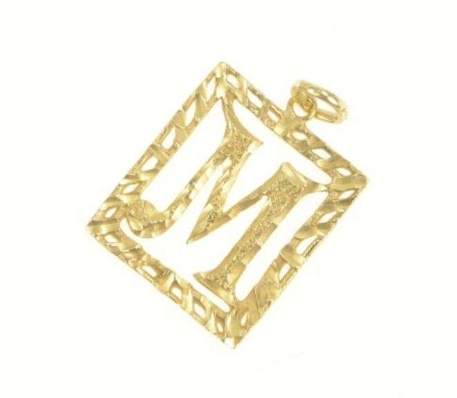 14K Yellow Gold M Monogram Letter Square Initial Name Pendant