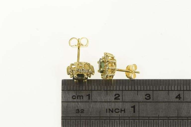 14K Yellow Gold Oval Sapphire Diamond Halo Vintage Stud Earrings