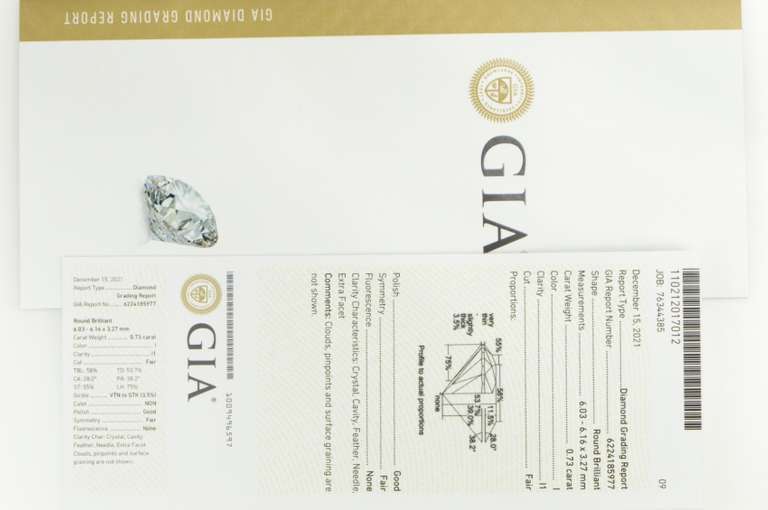 GIA 0.73 Ct Round Brilliant Cut I Color I1 Clarity Diamond