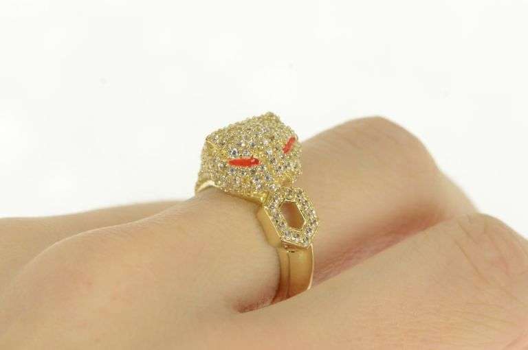 14K Yellow Gold Pave Leopard Jaguar Enamel Eyed CZ Ring