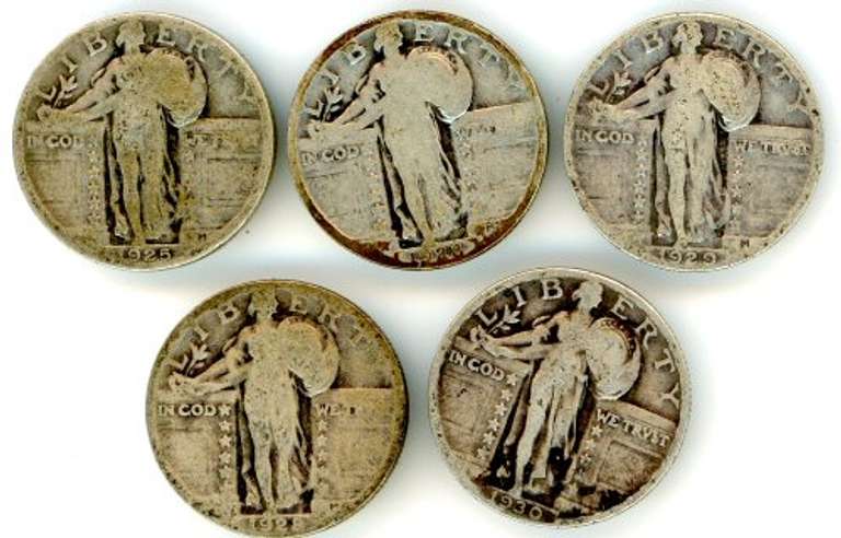 Five Different Silver Standing Liberty Quarters: 1925-1930