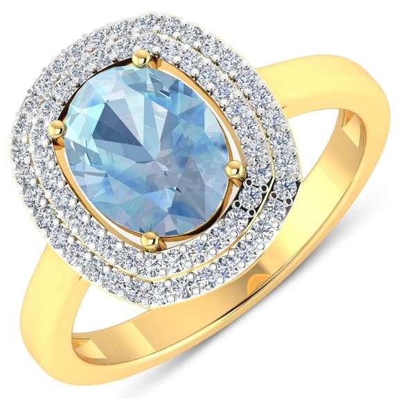 Solid 14 Kt Yellow Gold Aquamarine Diamond Ring " March Birthstone"